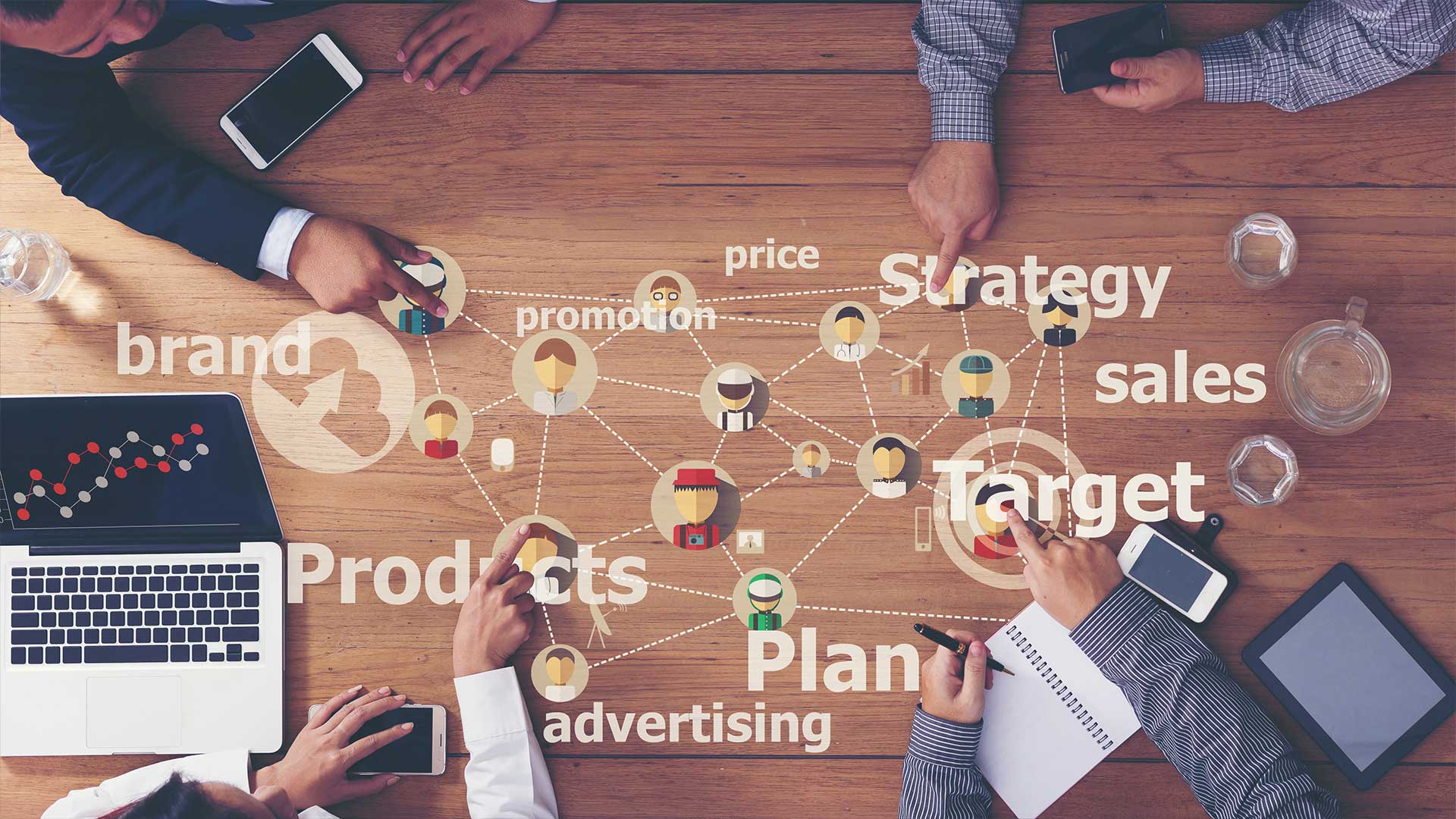Image de fond représentant le marketing et le management - personnes autour d'une table discutant marketing et management